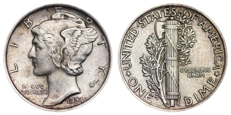 1924 Mercury dime obverse and reverse showing Liberty with winged cap and the fasces design
