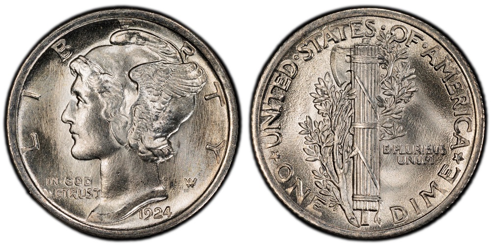 1924 Mercury dime reverse comparison showing non-Full Bands versus Full Bands fasces detail