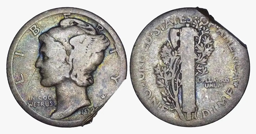 1924 Mercury dime clipped planchet error showing curved missing section on the coin edge
