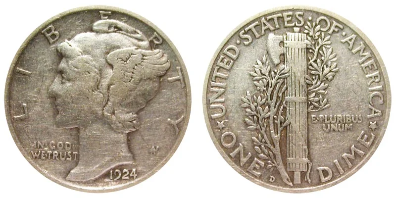 1924-D Mercury dime reverse showing the D mint mark to the left of the fasces design