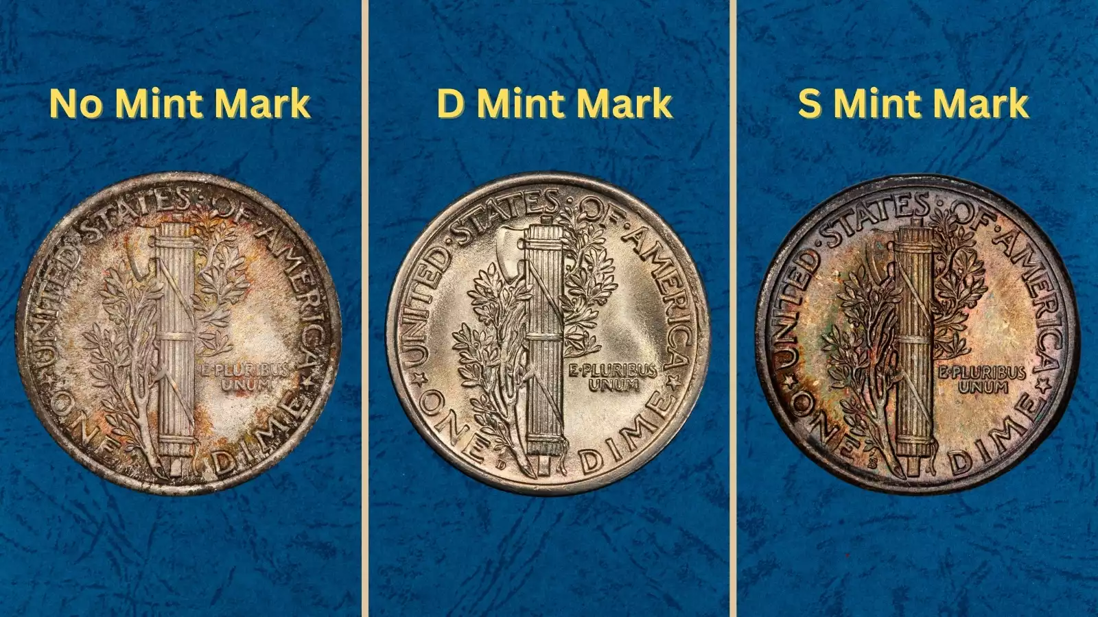 Representative group of 1924 Mercury dimes from Philadelphia, Denver, and San Francisco mints arranged for comparison