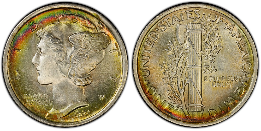 1924 Mercury dime grading strip showing four condition tiers from worn Good to gem Mint State